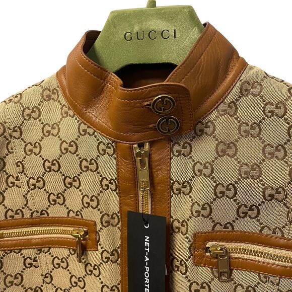 NWT Gucci GG Canvas Jacket Leather Trim Neutral Brown Tan Womens 40 / US 4 - Picture 5 of 16
